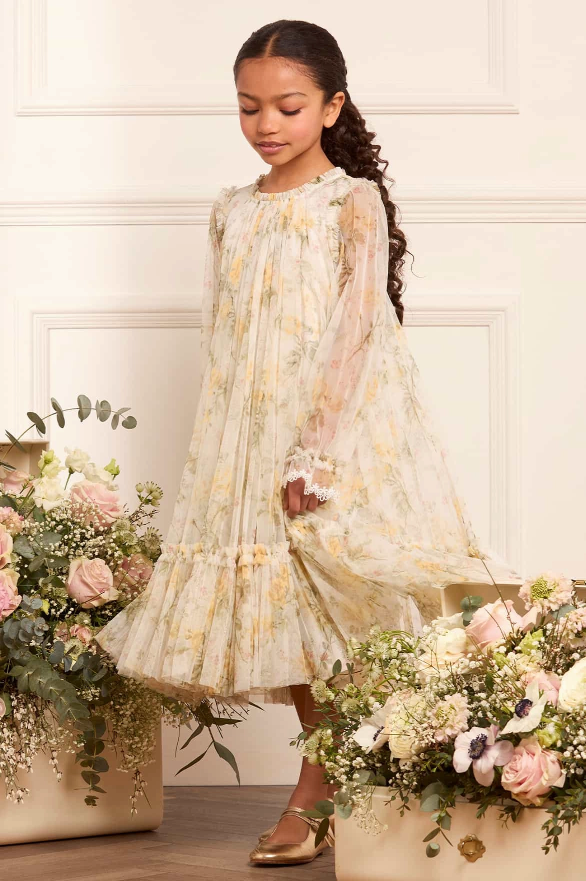 Subtle Texture Weave Cozy Layer Rose Long Sleeve Kids Dress