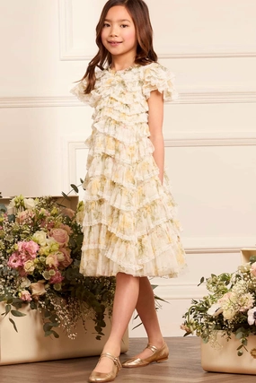 Minimalist Stitching Lightweight Weave Rose Ruffle Lace Kids Dress