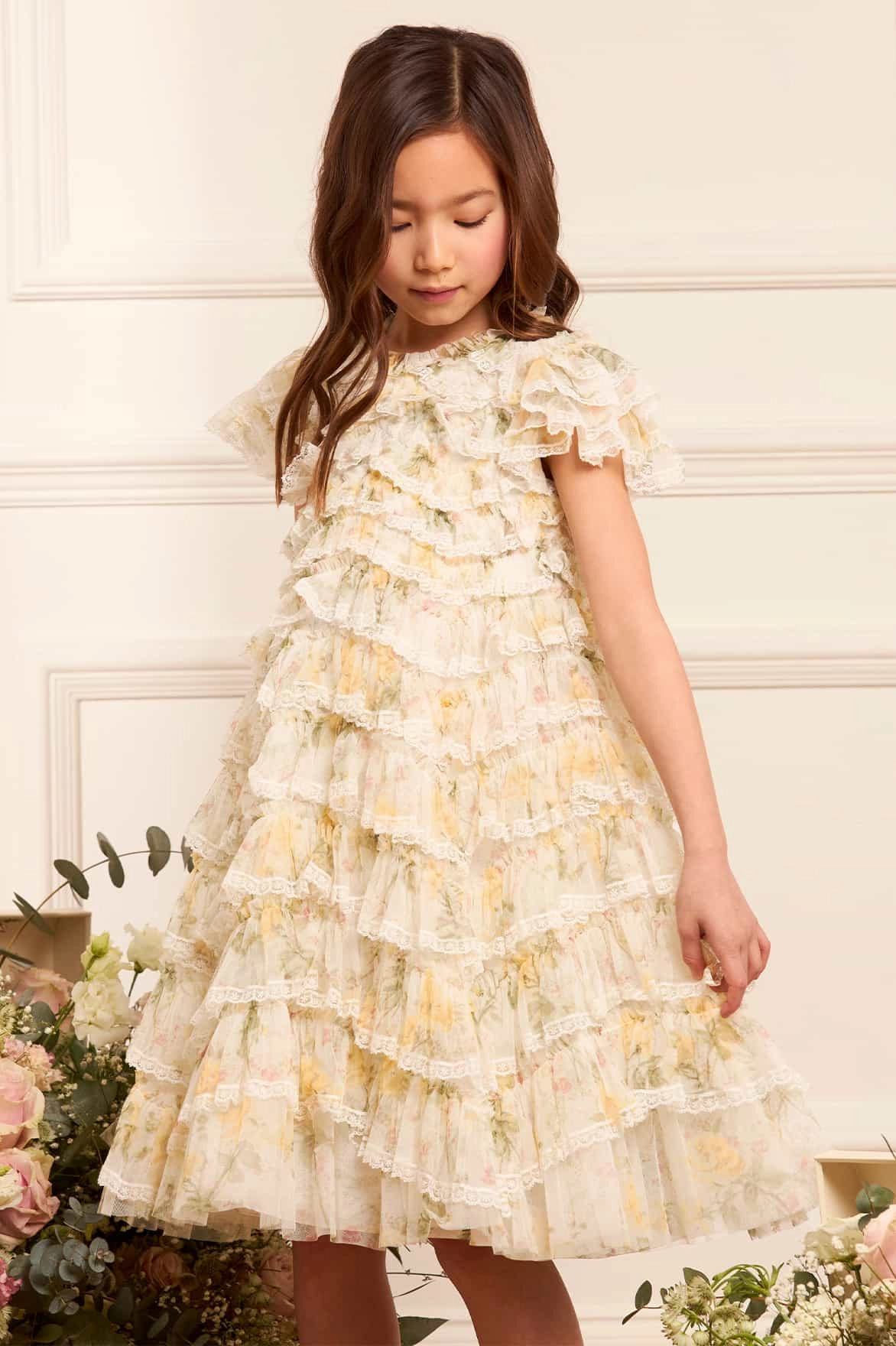 Thermal regulation Reinforced Shoulder Seams Rose Ruffle Lace Kids Dress