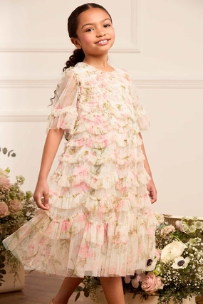 WrinkleResistant Fabric CroppedLength Rose Scallop Ruffle Kids Dress