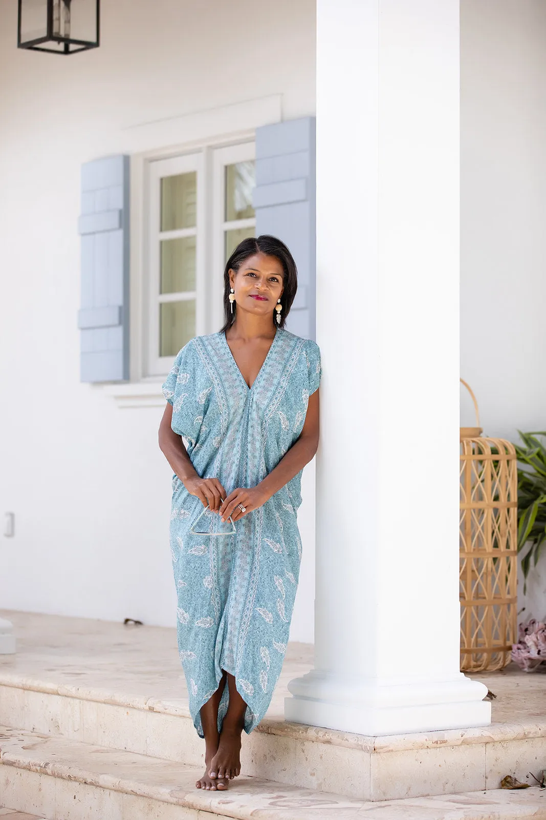 Garden Scene Bow Soft Santorini Kaftan / Sea Mist