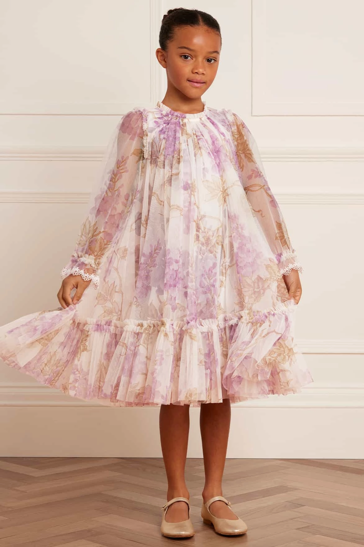 Elastic Edge Binding Wisteria Long Sleeve Kids Dress