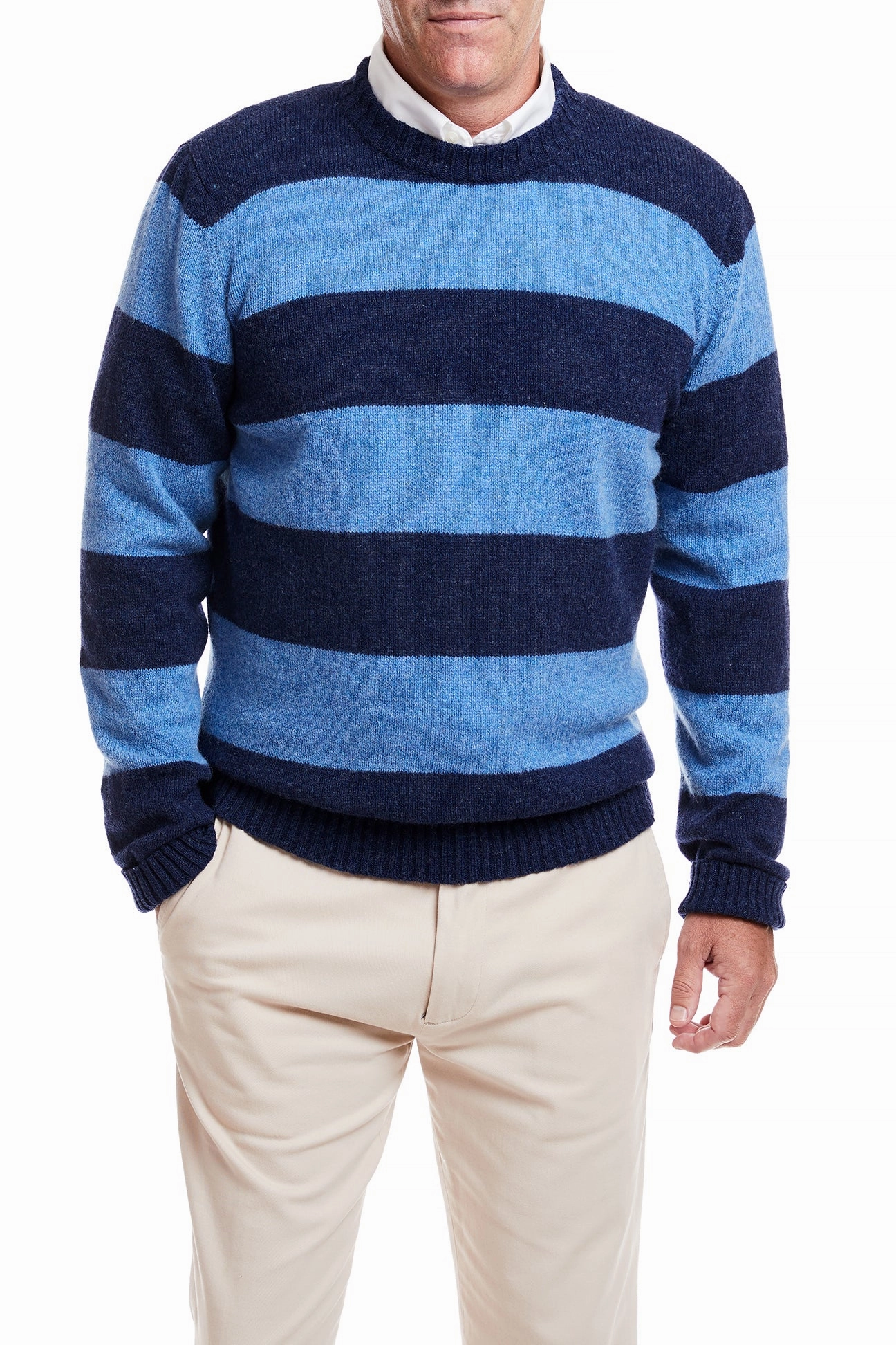 Supportive Fit UV Defense Shetland Crewneck Sweater Navy & Denim Rep Stripe