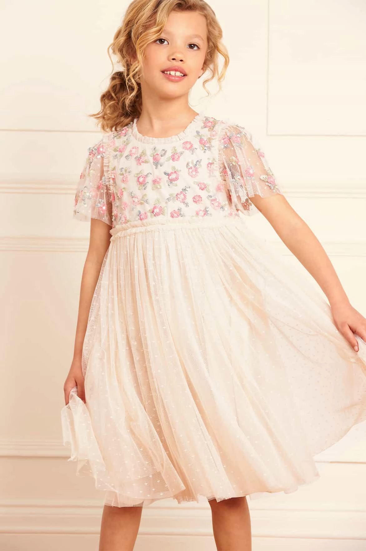 Distressed Texture Bound Seam Finish Shimmer Ditsy Bodice Kids Dress