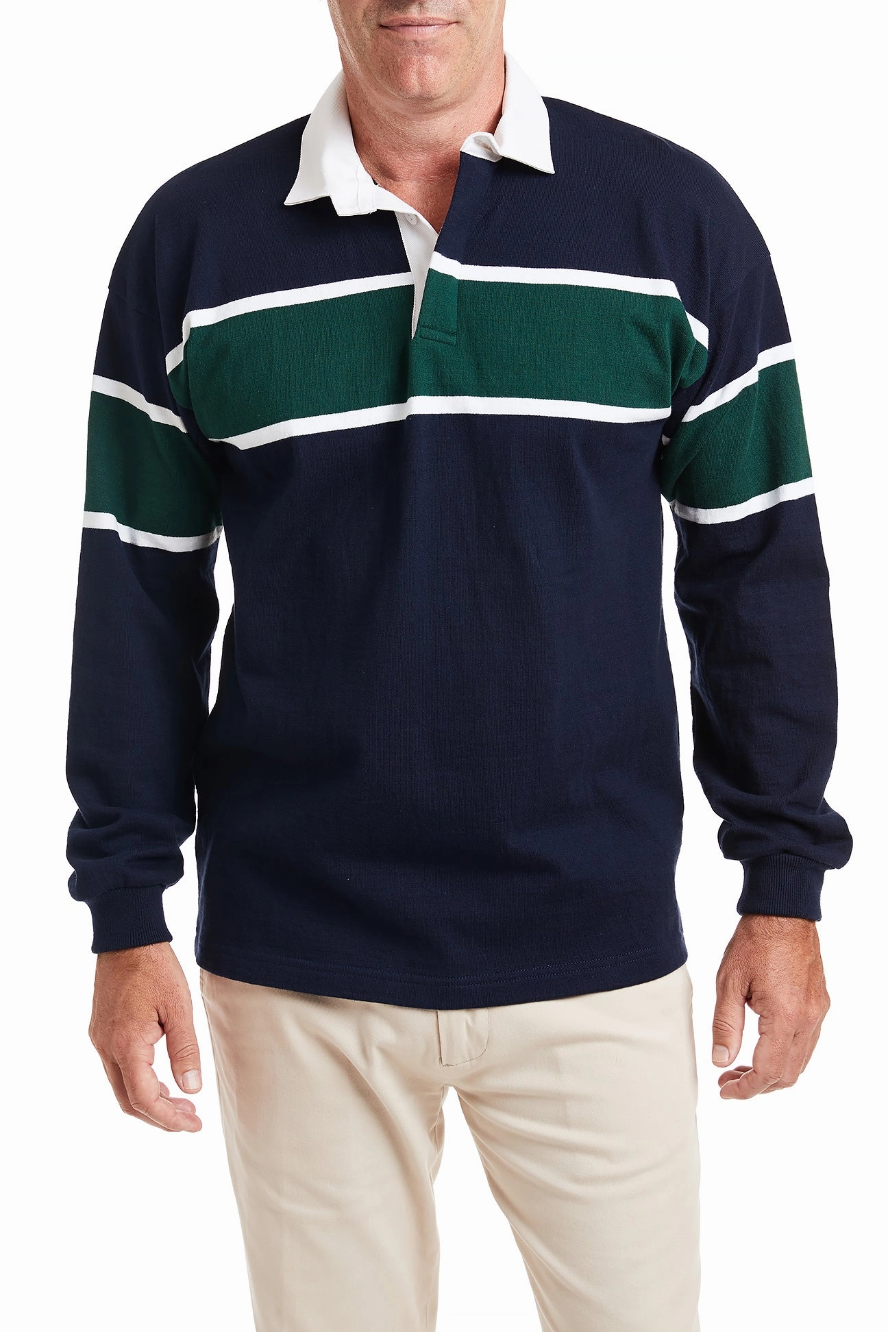 High Neck Cut Castaway Rugby Shirt Navy & Green Team Stripe