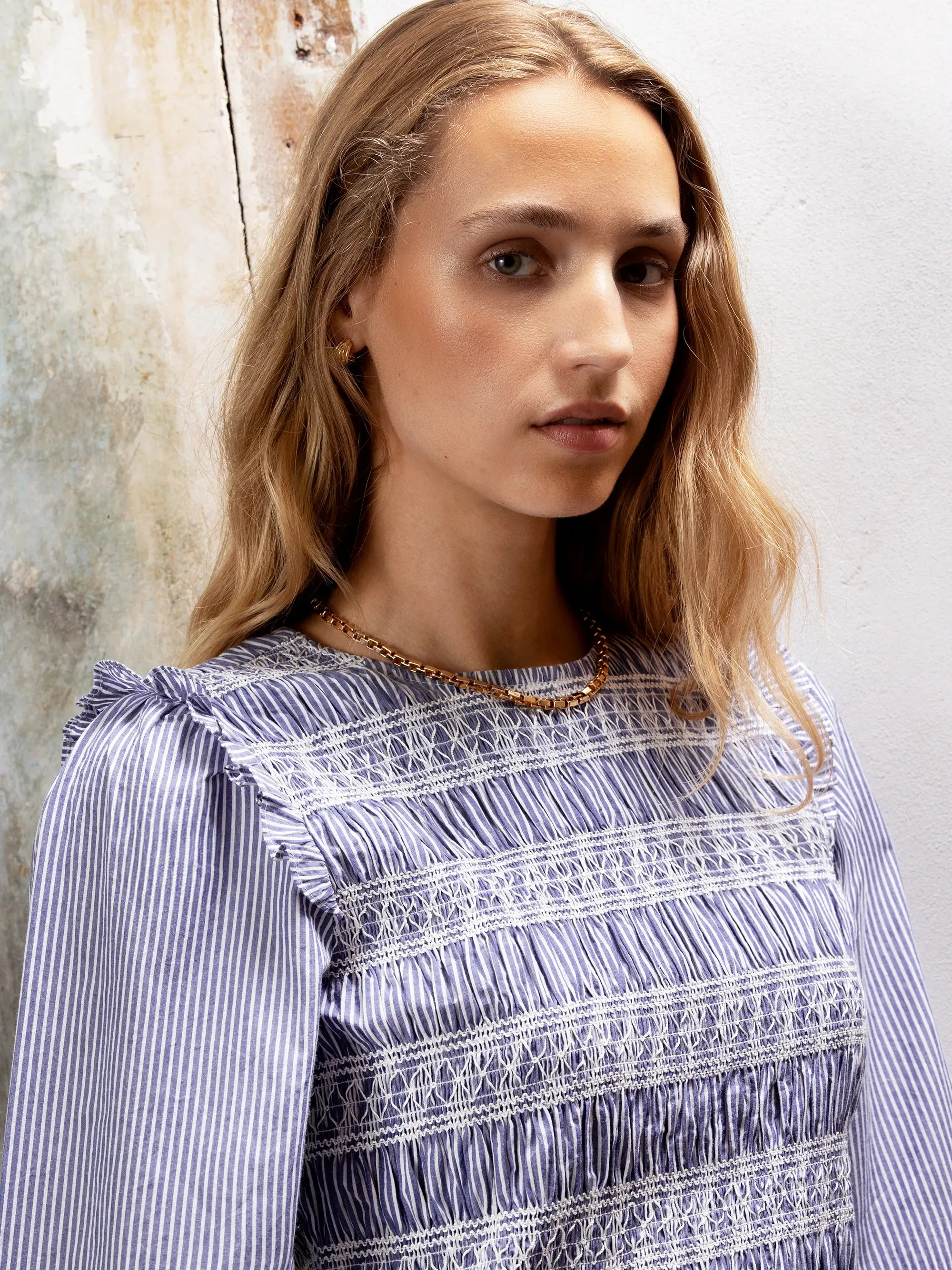 Shirred Embroidered Striped Cotton Blouse Contrast Stitch Stretchable Waistband