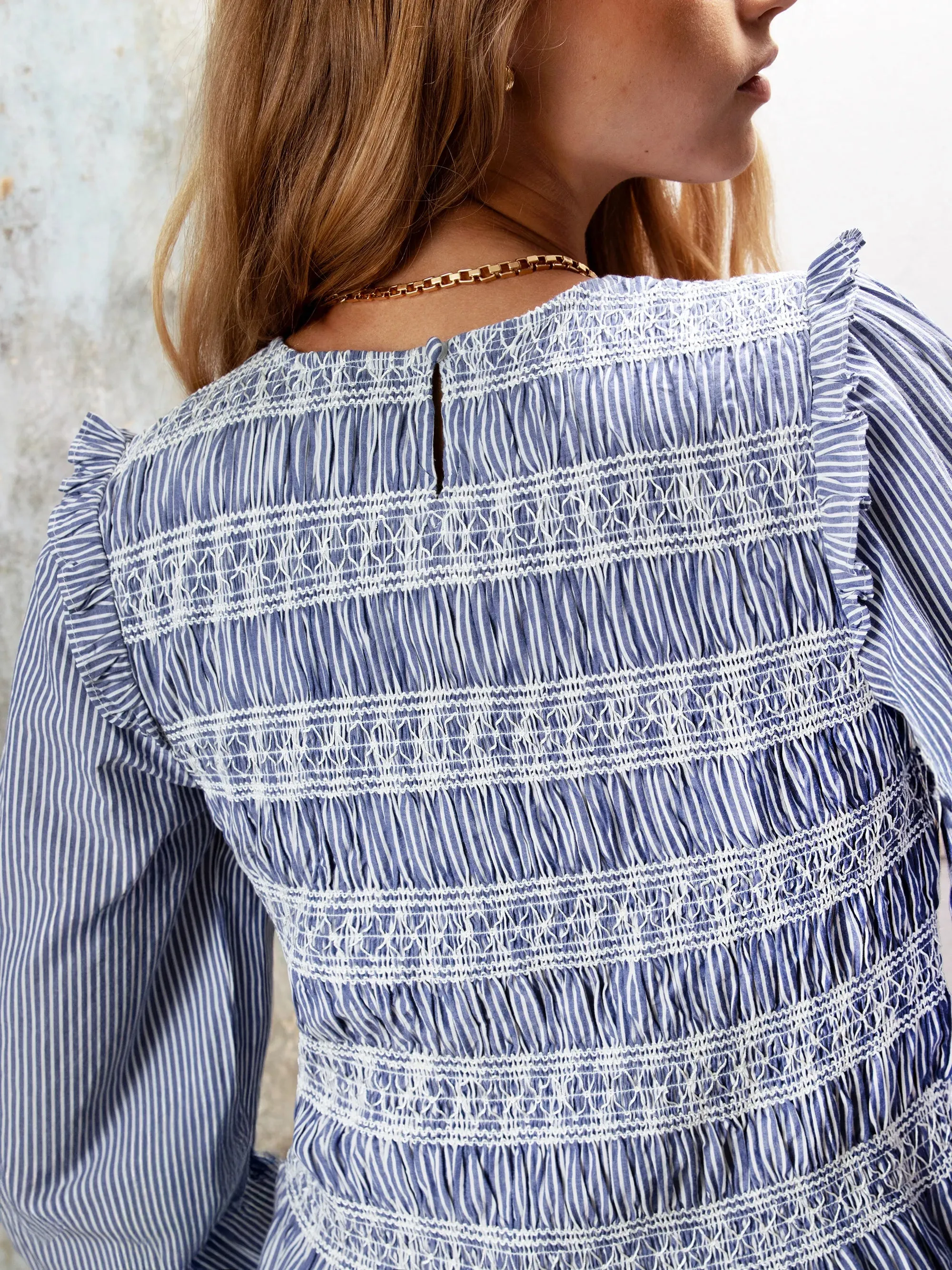 Shirred Embroidered Striped Cotton Blouse Friction Resistant Edges Breathable Knit Fabric