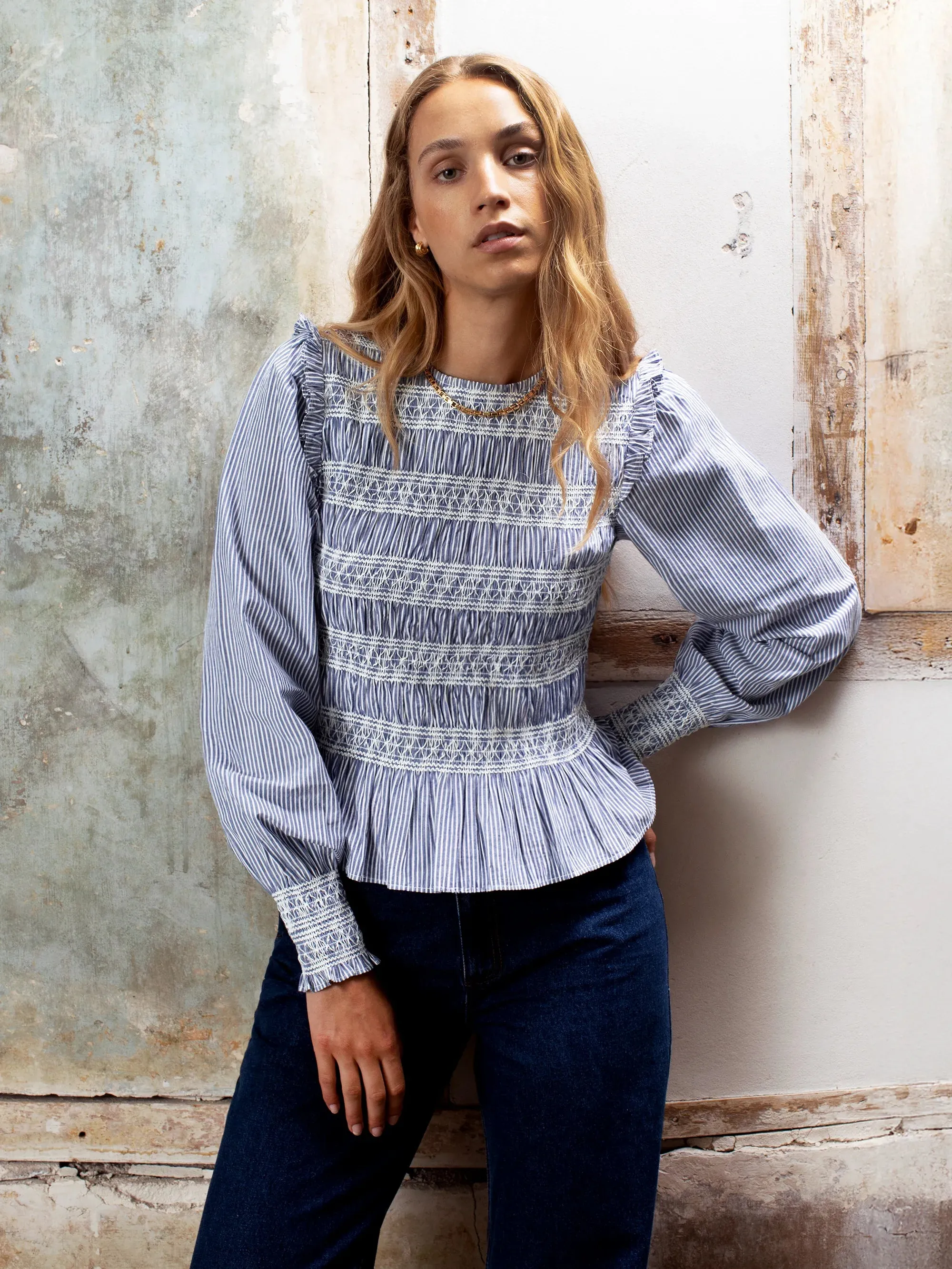 Shirred Embroidered Striped Cotton Blouse Anti Pilling Finish