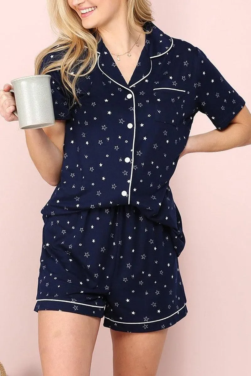 SHORT SLEEVE NOTCH COLLAR PAJAMA SET Contrast Topstitching Detail BreathableBackVents