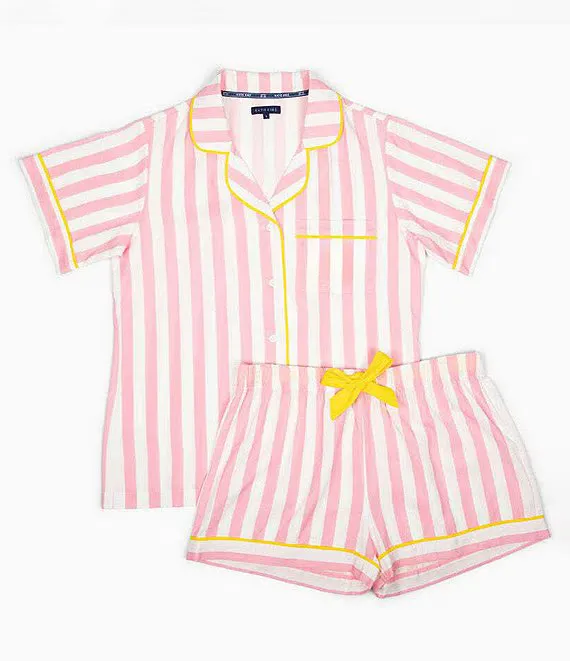 Katie Kime Retro Stripe Pajama Shorts Set in Pink Biodegradable Fiber Flatlock Seam Design