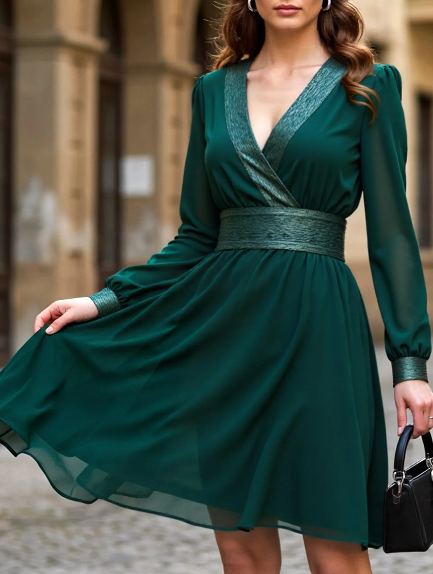 Solid color chiffon V-neck long-sleeved dress Sleek Drape
