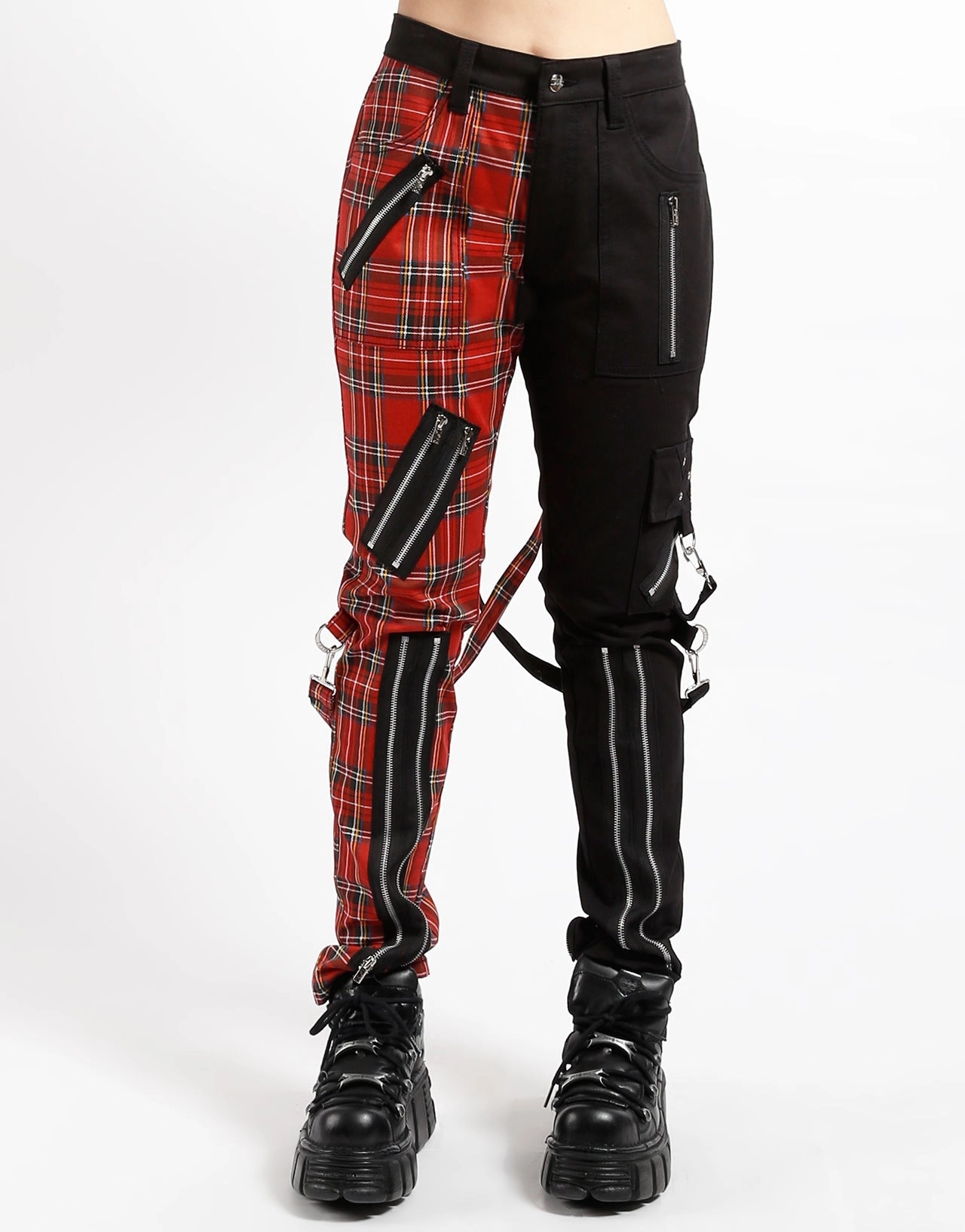 SPLIT LEG BONDAGE PANT BLK RED PLAID Work Comfort