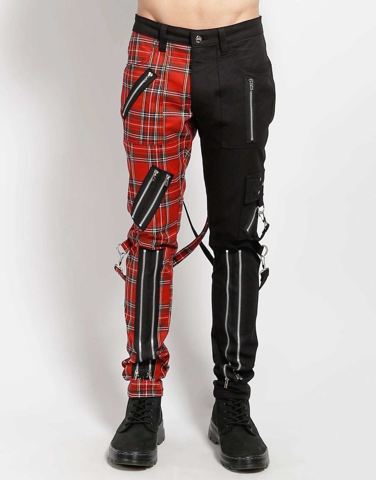 SPLIT LEG BONDAGE PANT BLK RED PLAID Premium Quality