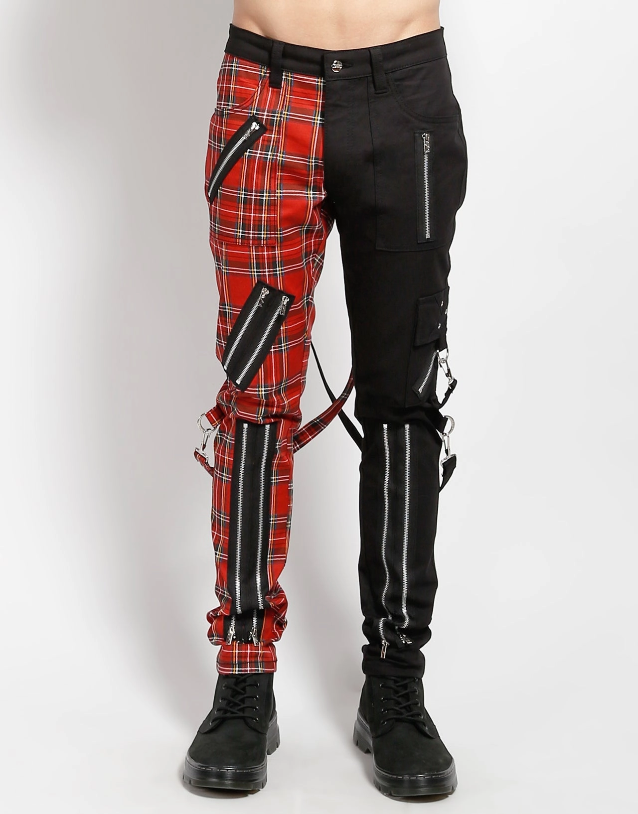 SPLIT LEG BONDAGE PANT BLK RED PLAID Breathable Layer Fit Chill Wear