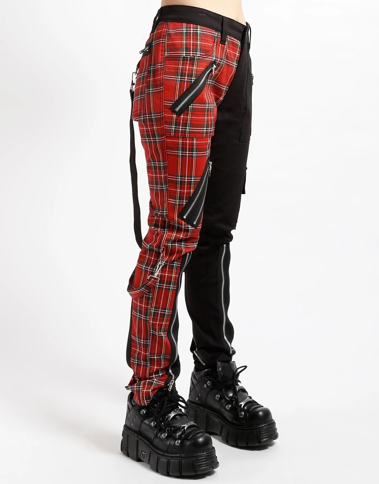 SPLIT LEG BONDAGE PANT BLK RED PLAID Agile Fit Low Profile Fasteners