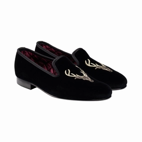 Stags Head Black Velvet Relaxed Shoes Soft Straps