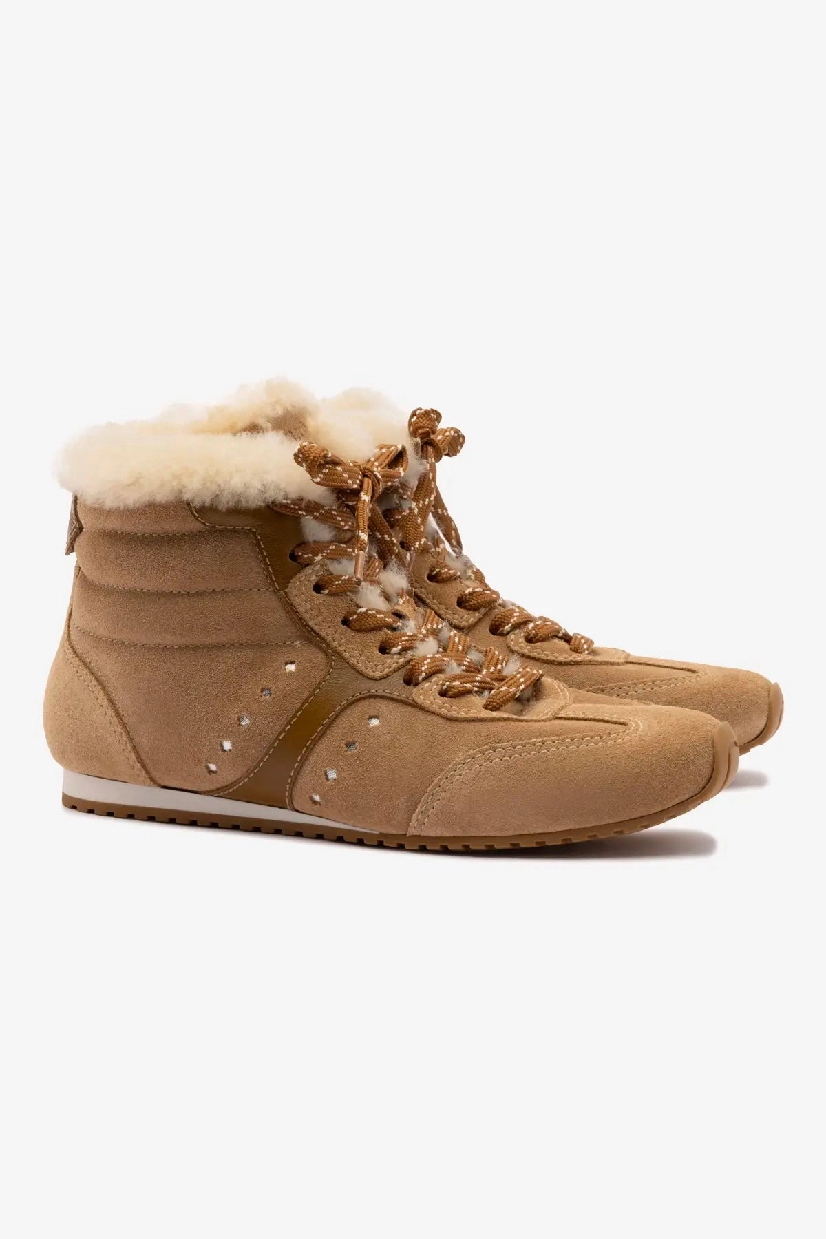 Stella Mid Sneaker In Peanut Suede And Natural Shearling Functional