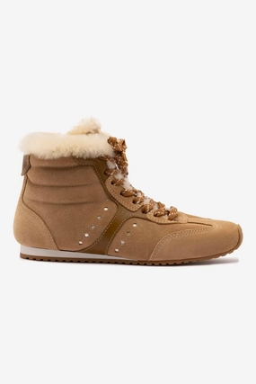 Torsional Stability Stella Mid Sneaker In Peanut Suede And Natural Shearling