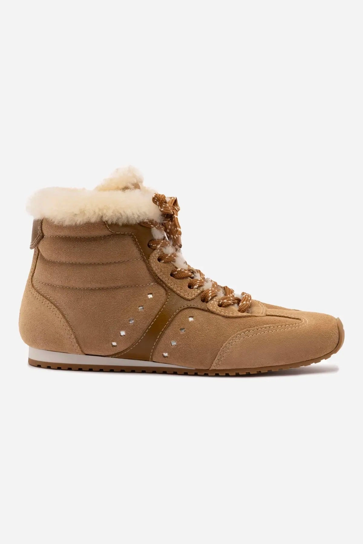 Soul Step Stella Mid Sneaker In Peanut Suede And Natural Shearling