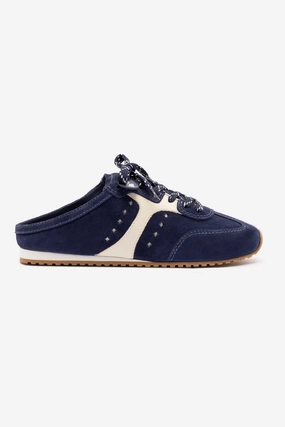 Heel To Toe Drop Lockdown Heel Stella Mule In Navy Suede and Ivory Leather