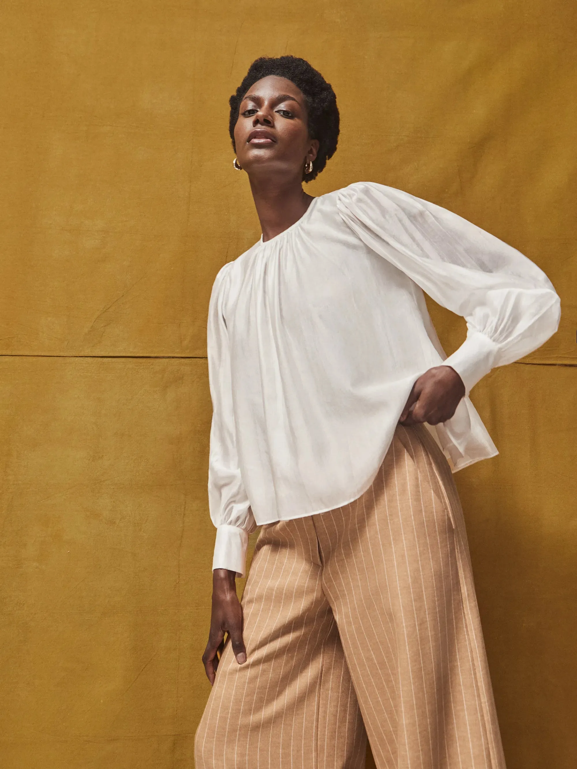 White Gathered Button-Cuff Blouse Active Blouse