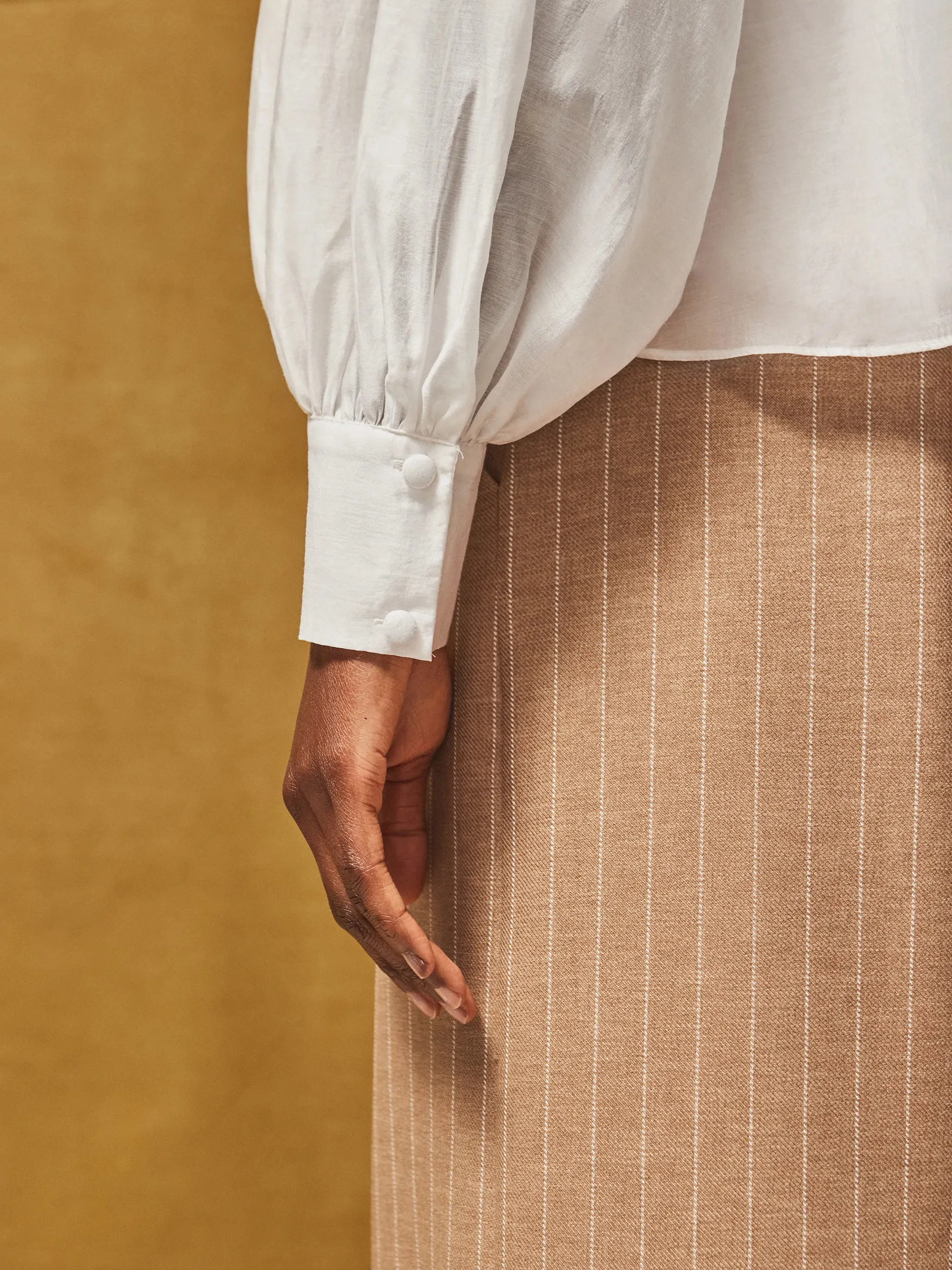 White Gathered Button-Cuff Blouse AntiPilling Technology MultiPanelConstruction