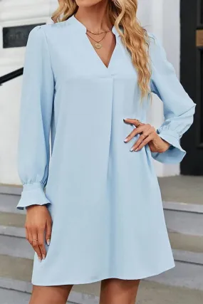 WOMEN FRILLED LONG SLEEVE V NECK SOLID DRESS Breezy Mood Texture Rich