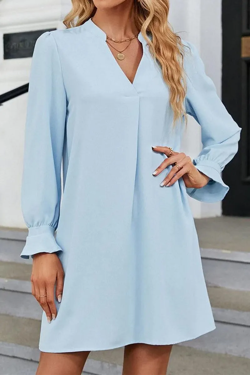 WOMEN FRILLED LONG SLEEVE V NECK SOLID DRESS Breezy Mood Texture Rich