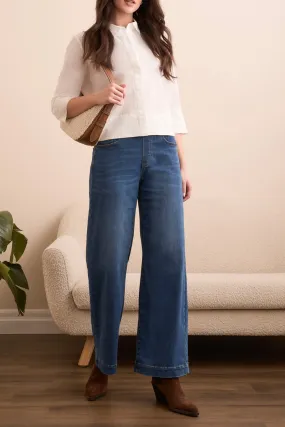 Beach Day Breathable Tribal Audrey Comfort Stretch Pull-On Wide Leg Jeans in Faded Blue
