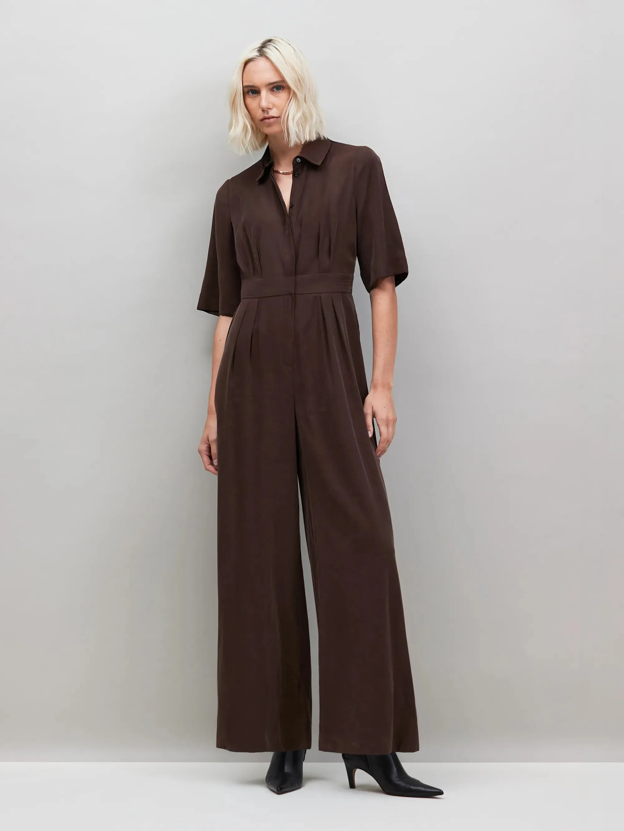 Chocolate Brown Tailored Jumpsuit Yarn Dyed Pattern Cloth Relaxed Crew Neck Opening