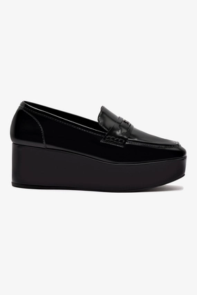Suki Flatform Loafer In Black Box Leather Padded Comfort Cold Weather