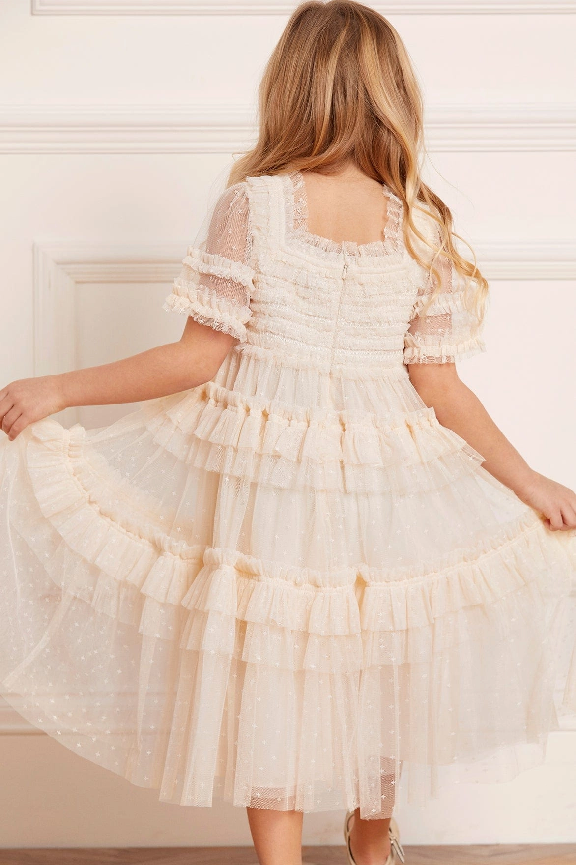 Peaches Smocked Kids Dress AntiStaticFabric Wrinkle Free Texture