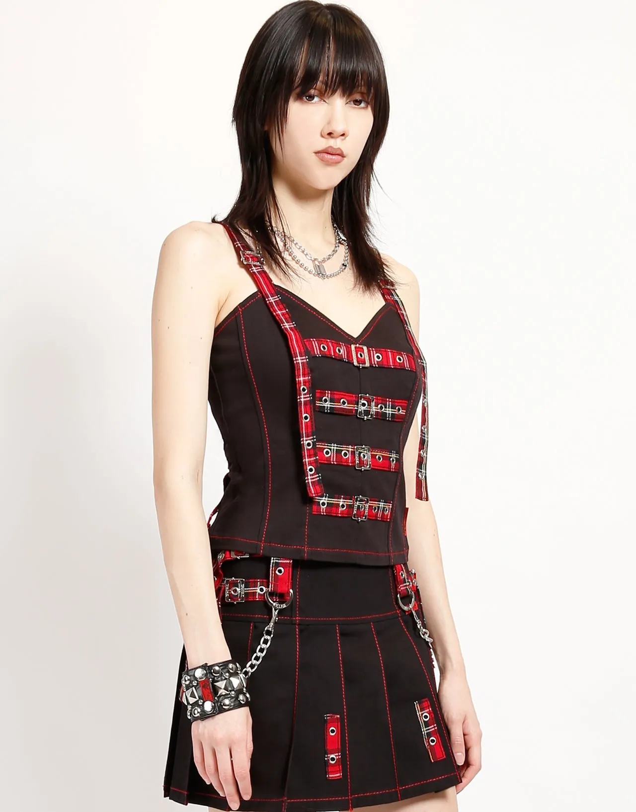SWEET CHAIN CORSET RED PLAID HighNeckCut BrushedInnerLining