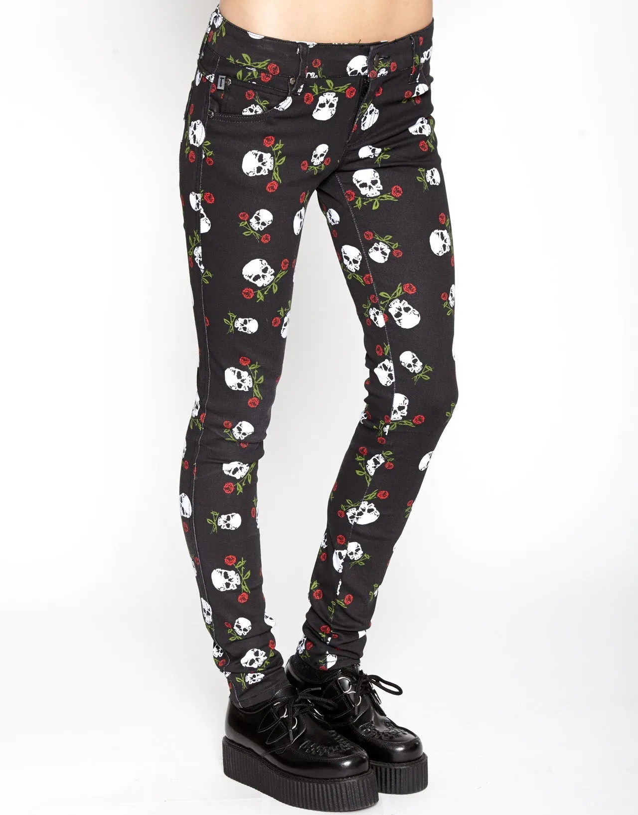 LightweightConstruction T Back Jeans Skull & Roses Print