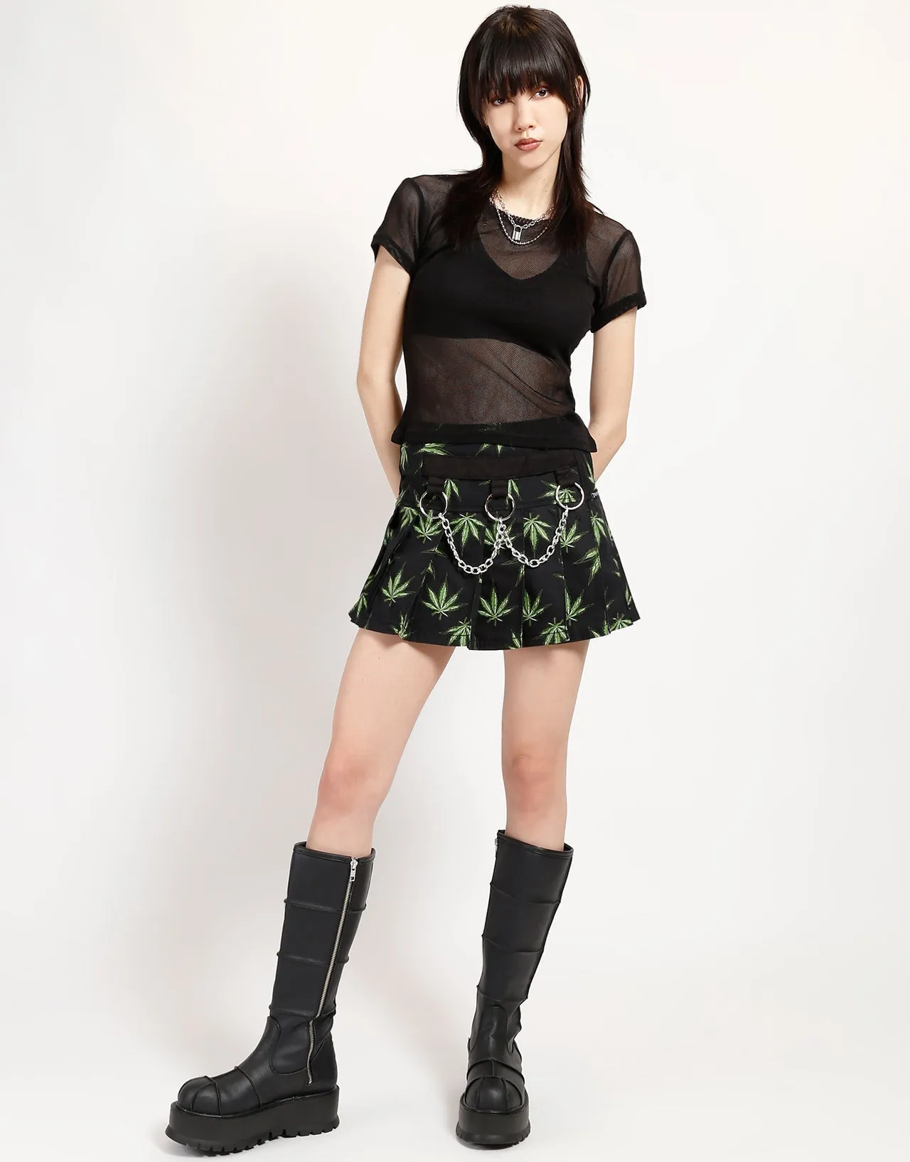 Tight Waist Soft Stretch MARY CHAIN PLEATED SKIRT GRASS