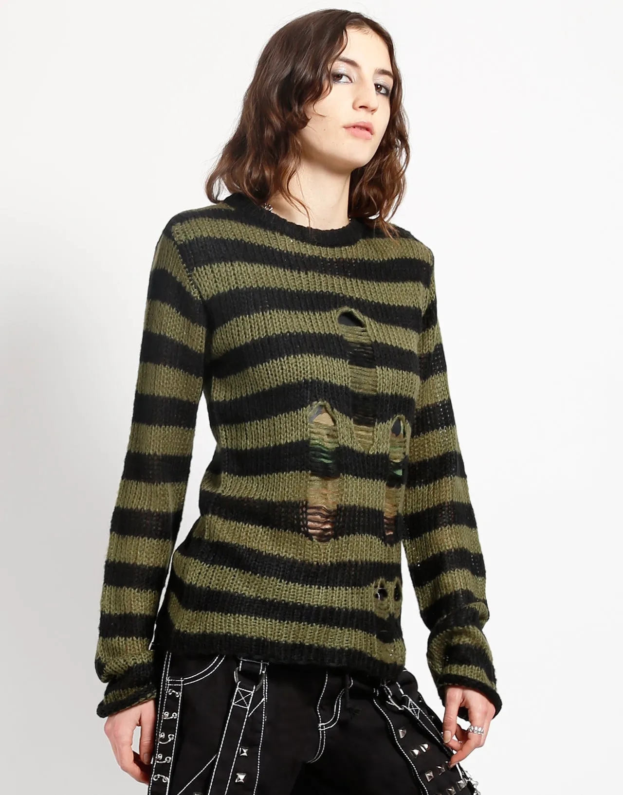 BreathableMaterial RAG STRIPE SWEATER ARMY