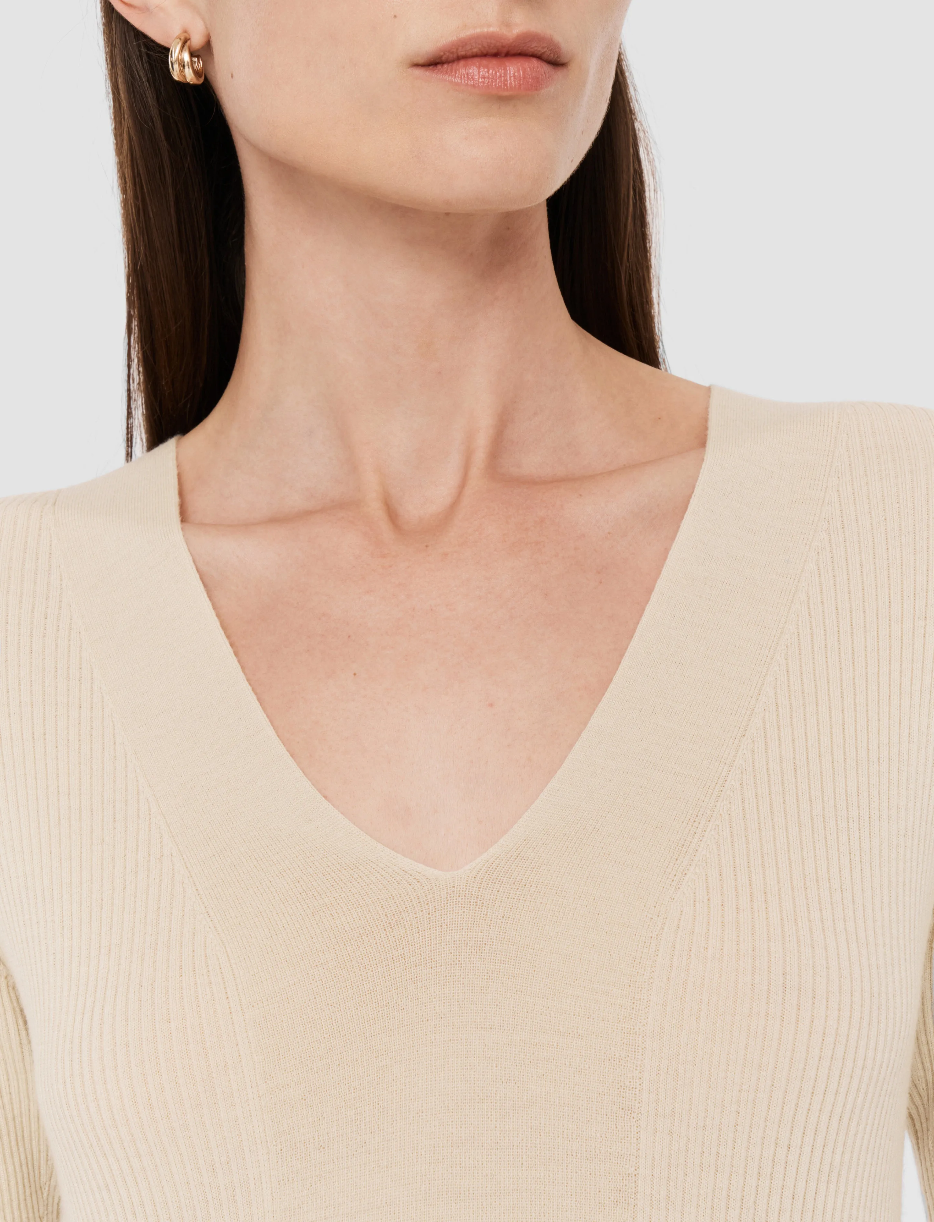 Fine Merino Rib V Neck Top Reinforced Seams