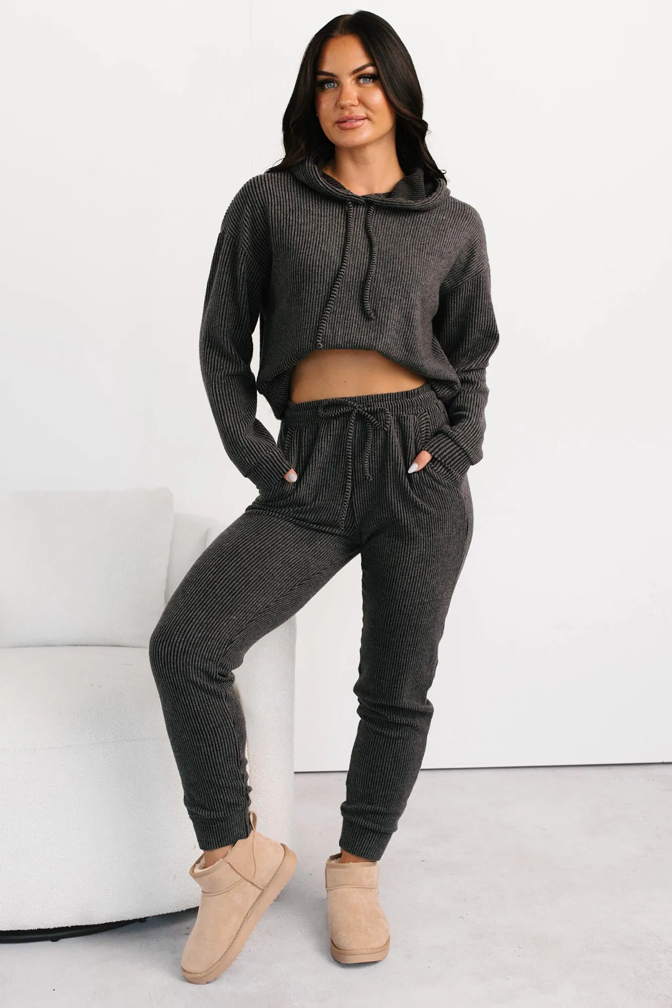 Mood Already Set Ribbed Jogger Pants (Charcoal) QuickReleaseFastenings V-neck Blouse