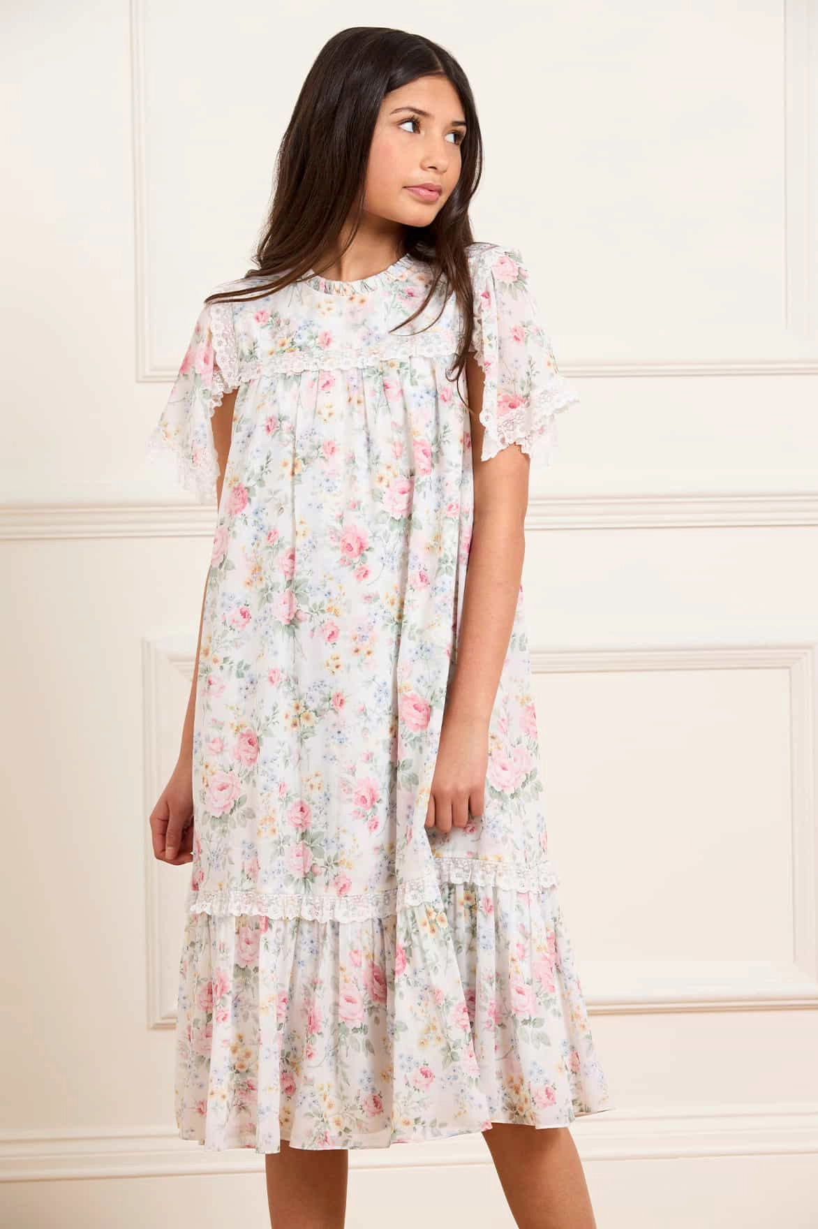 Pompadour Garden Chiffon Lace Kids Dress FlatlockSeamTechnique