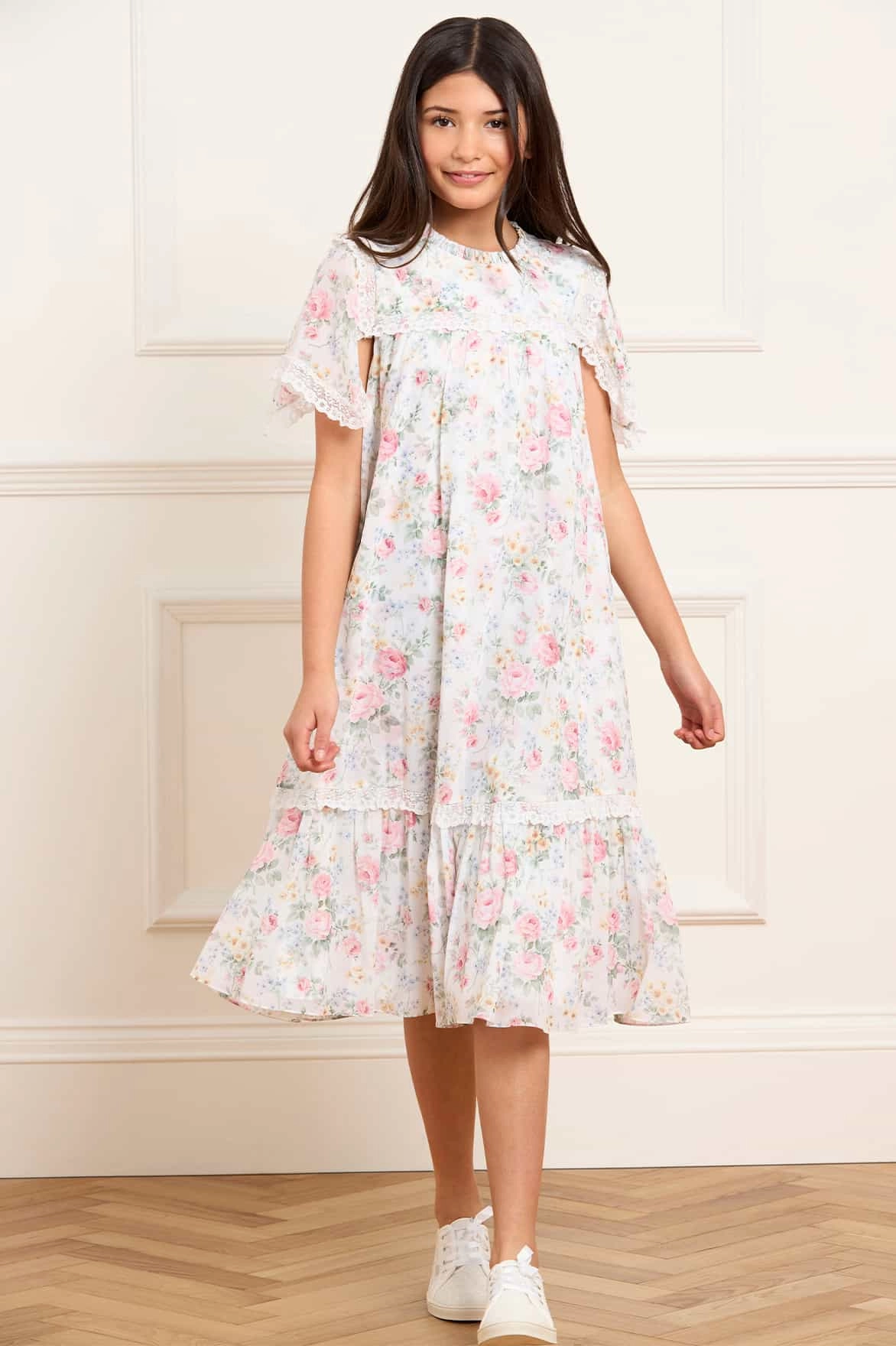retro look Long Sleeve Tee Pompadour Garden Chiffon Lace Kids Dress