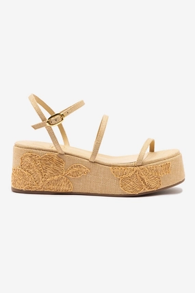 Magic Mood Gio Flatform In Beige Raffia and Hibiscus Embroidery