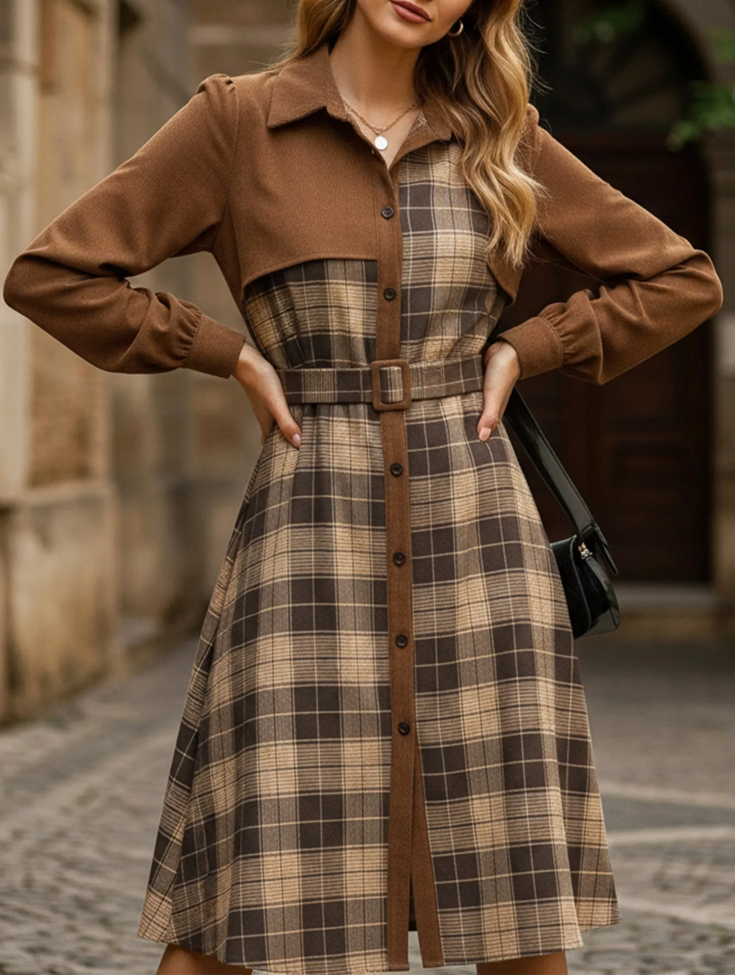 Retro-style shirt collar plaid patchwork dress Soft Motion