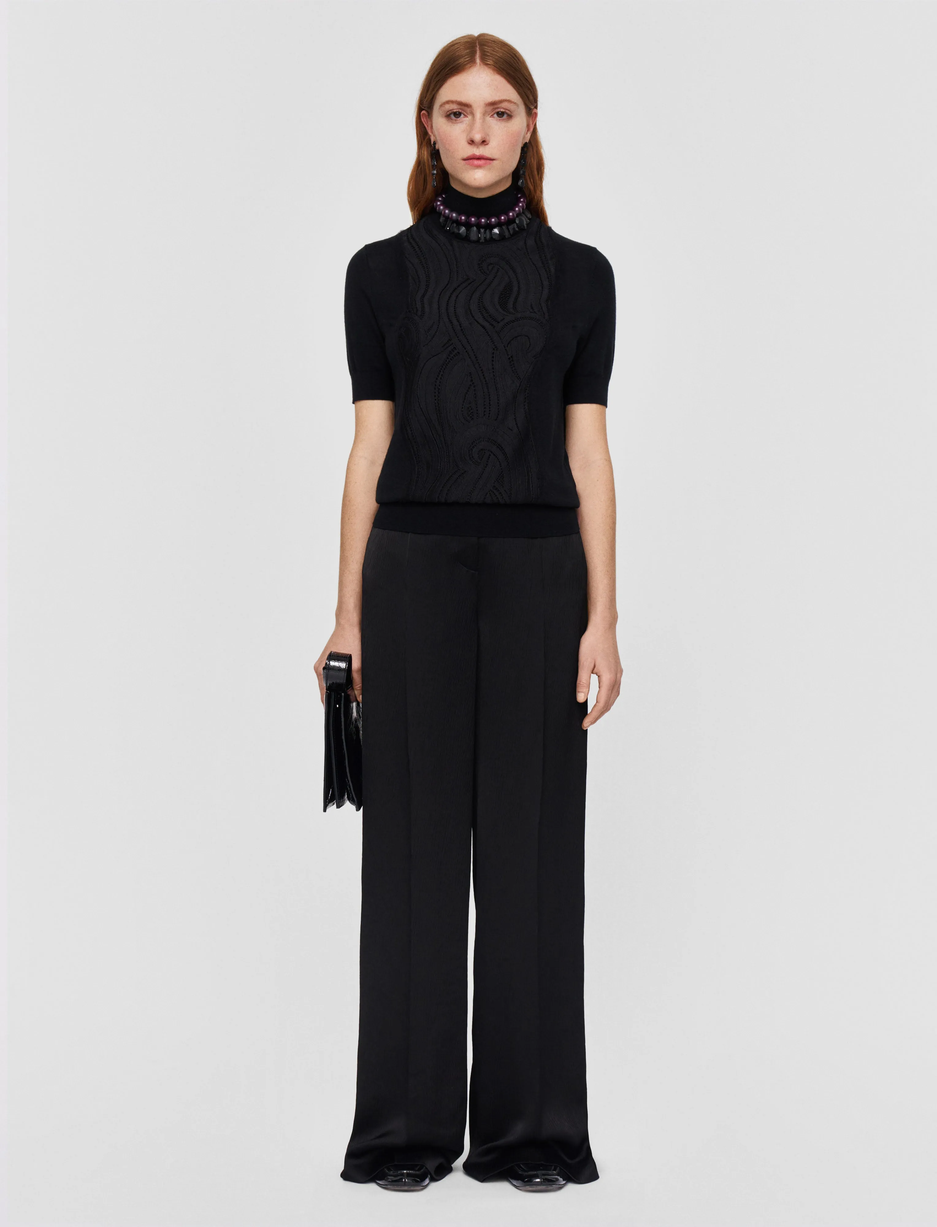 Lace Knit Mock Neck Top Comfort Stretch