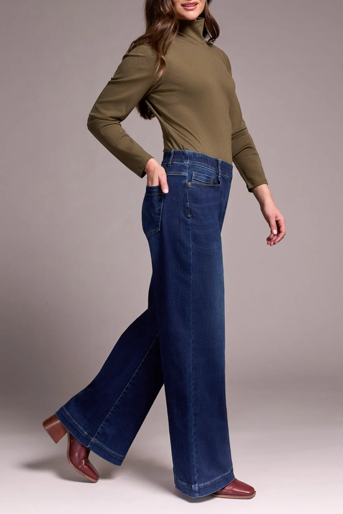 Travel Outfit Professional Wear Tribal Audrey Comfort Stretch Pull-On Wide Leg Jeans in Dark Knight