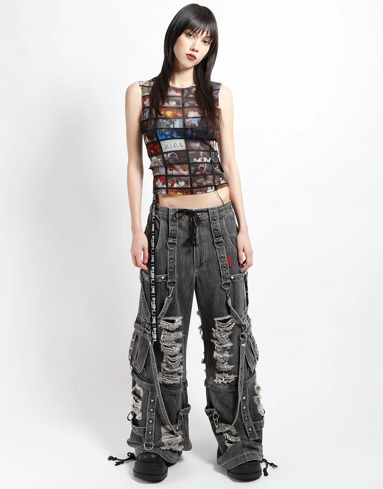 Body Movement Stylish Fit SHREDDER DENIM STRAP PANT BLACK