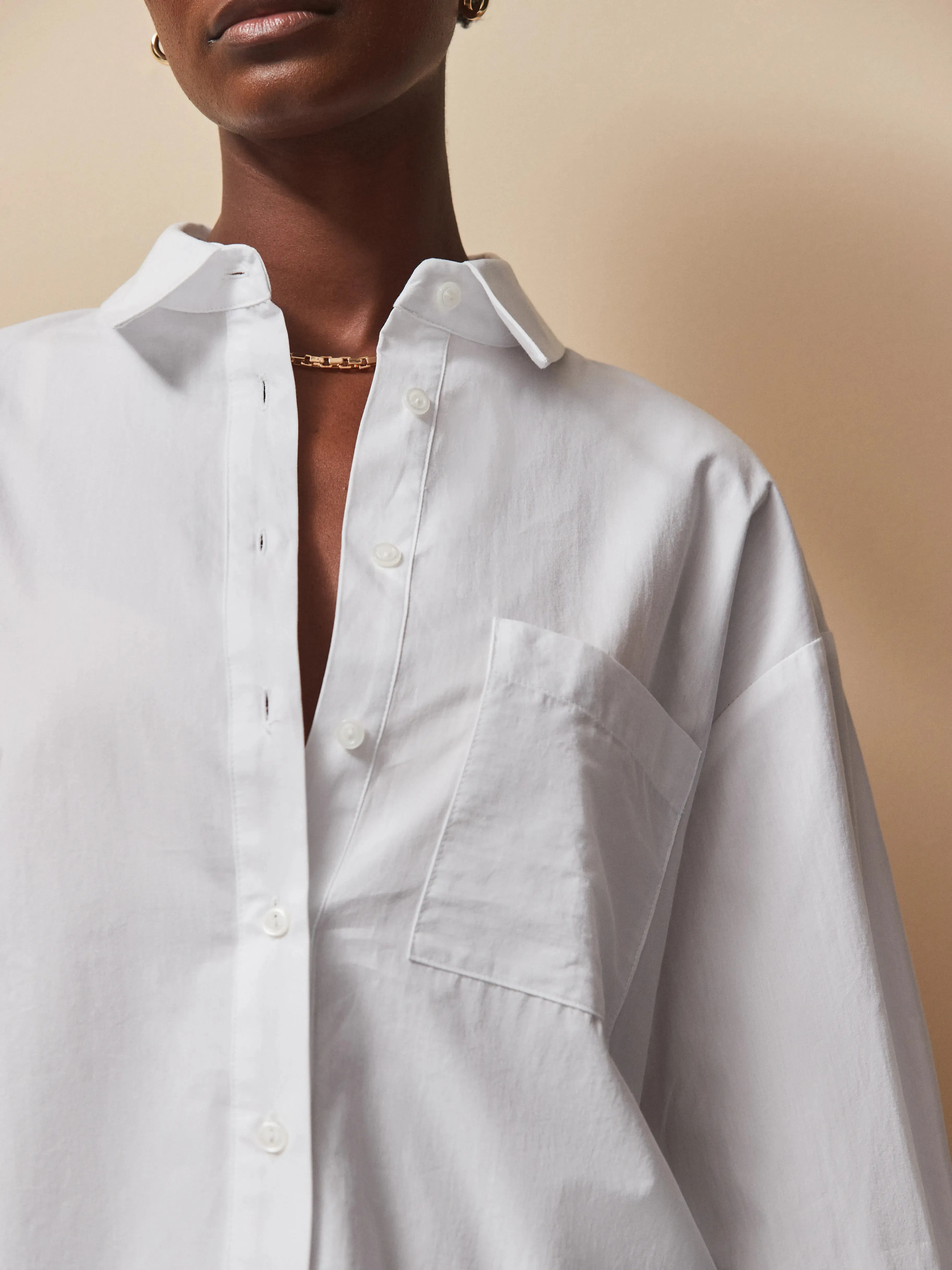 White Poplin Split Back Shirt Light material RibbedNeckline