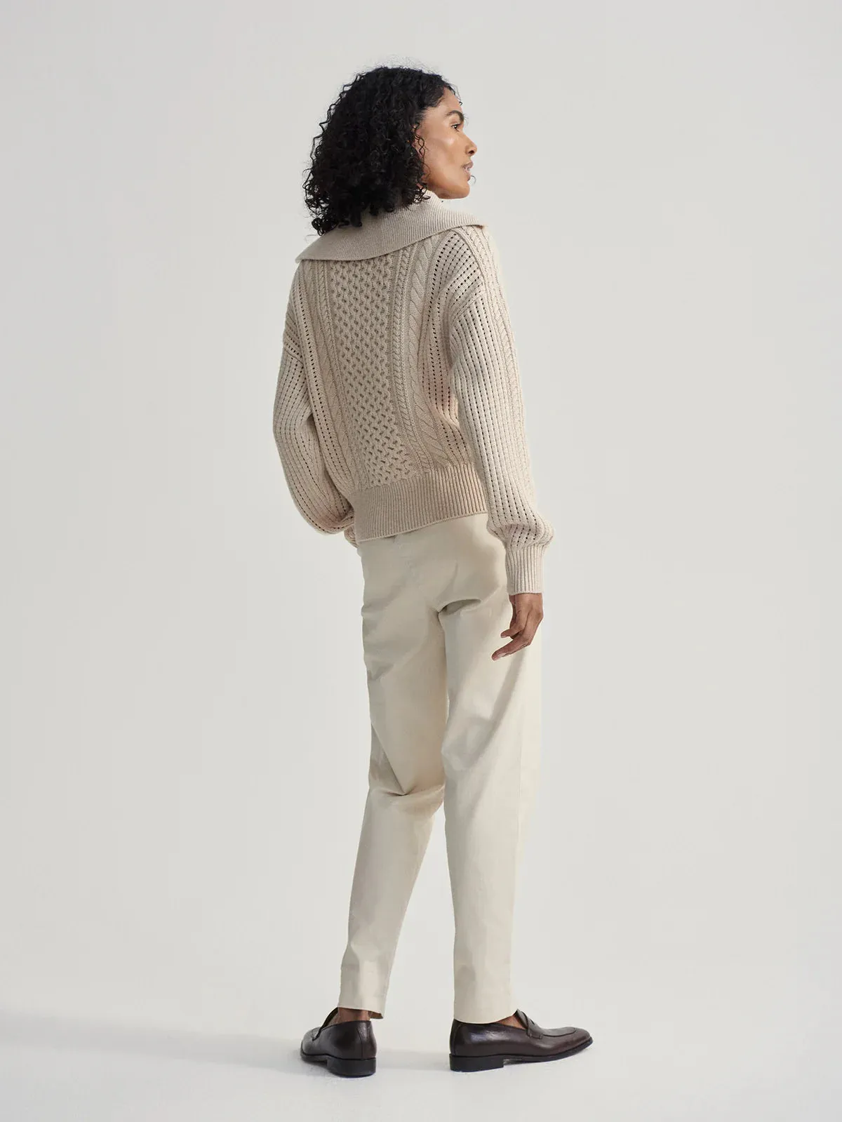QuickDryTech Non Chafing Side Seams Varley Camello Cable Knit Sweater in Parchment