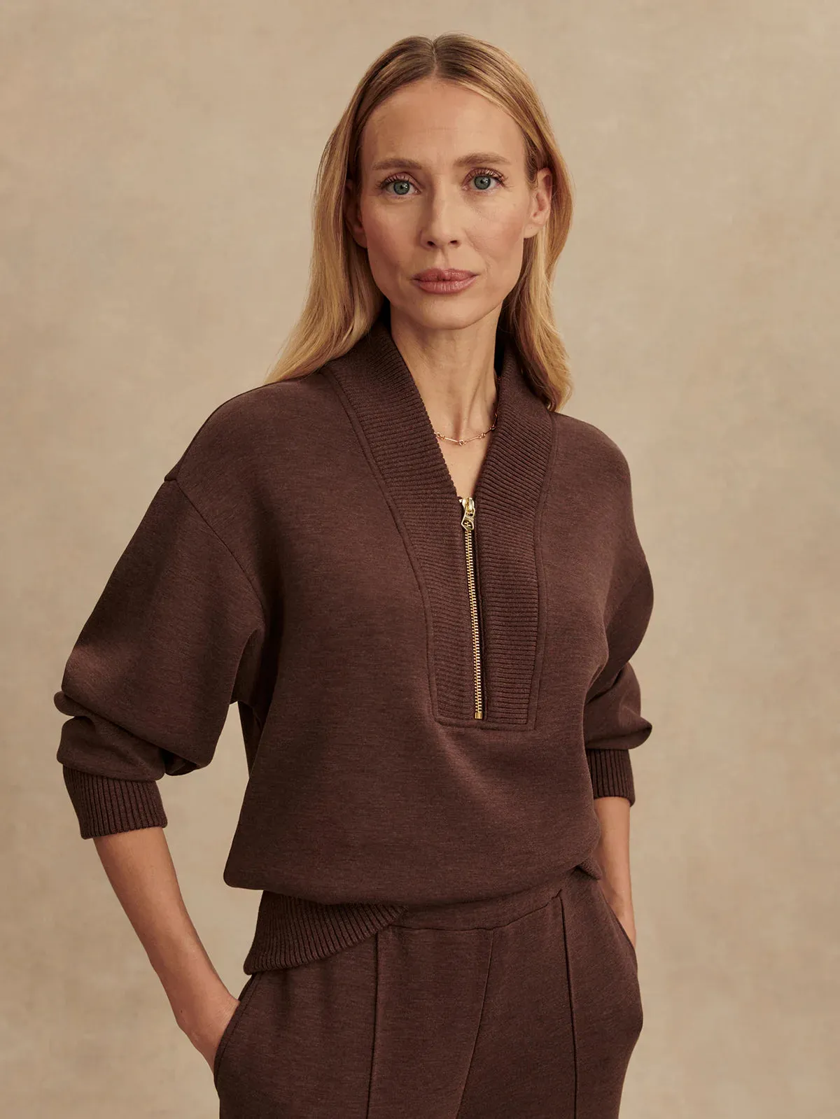 Basic Sweatshirt Varley Sally Half-Zip Sweat in Coffee Bean Marl