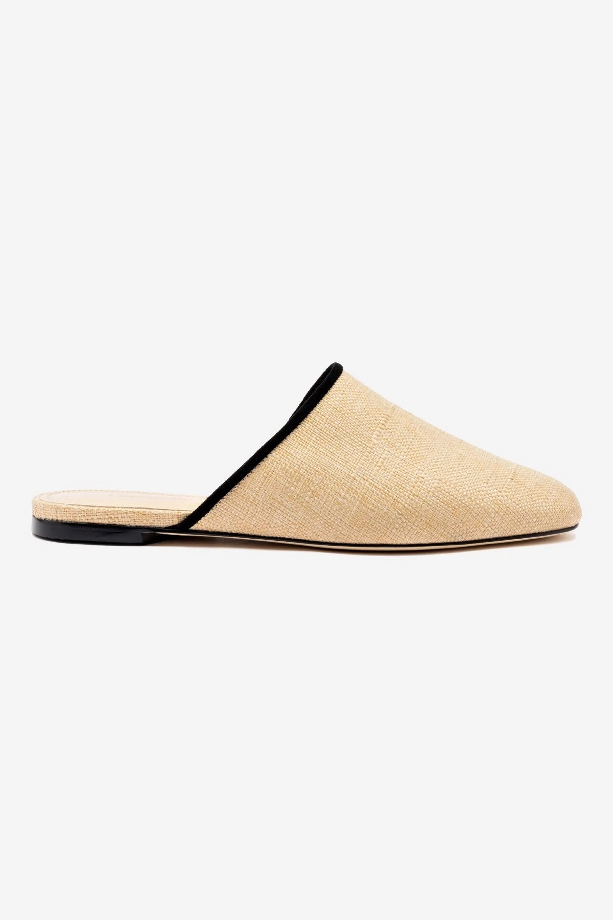 Stride Bold Anti Fatigue Footbed Venice Flat Mule In Beige Raffia and Black Trimming