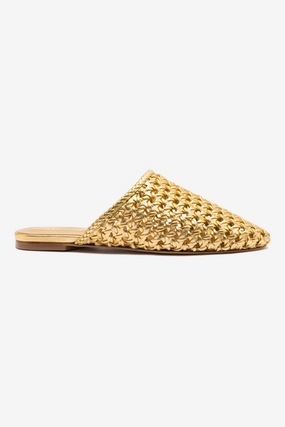Venice Macrame Flat Mule In Gold Metallic Leather Viral Pop Game Fit